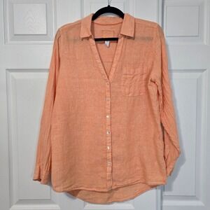 Sigrid Olsen Womens Medium Peach Orange 100% Linen Roll Tab Button Up Shirt Top